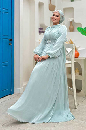 Balon Kol Pileli Abiye Elbise 7013 Mint