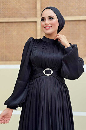 Balon Kol Pileli Abiye Elbise 7013 Siyah