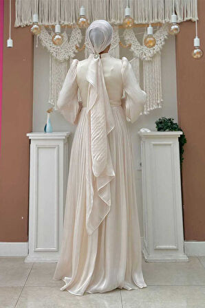 Balon Kol Pileli Abiye Elbise 7013 Taş