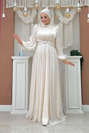 Balon Kol Pileli Abiye Elbise 7013 Taş