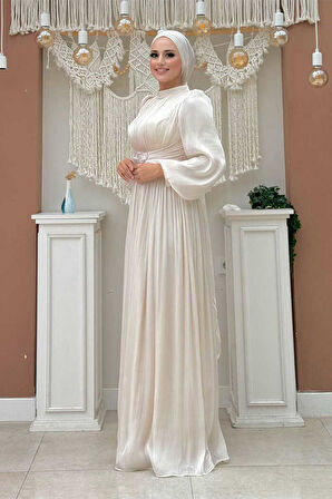 Balon Kol Pileli Abiye Elbise 7013 Taş