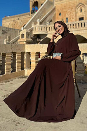 Düğme Detaylı Elbise 6028 Kahverengi