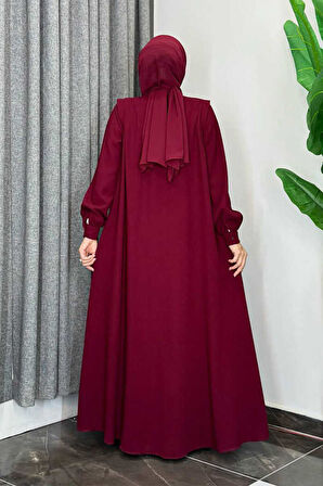 Boydan Düğmeli Taş İşleme Detaylı Ferace 7903 Bordo