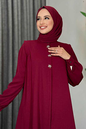 Boydan Düğmeli Taş İşleme Detaylı Ferace 7903 Bordo