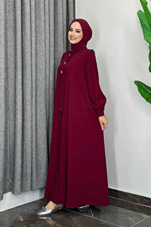 Boydan Düğmeli Taş İşleme Detaylı Ferace 7903 Bordo