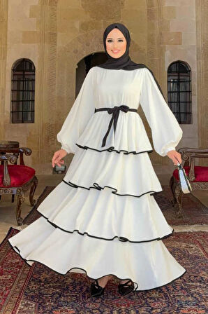 Bel Kuşaklı Kat Detay Elbise 6029 Ekru