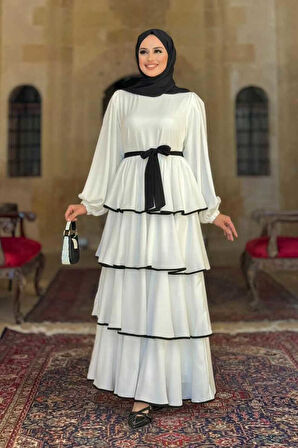 Bel Kuşaklı Kat Detay Elbise 6029 Ekru