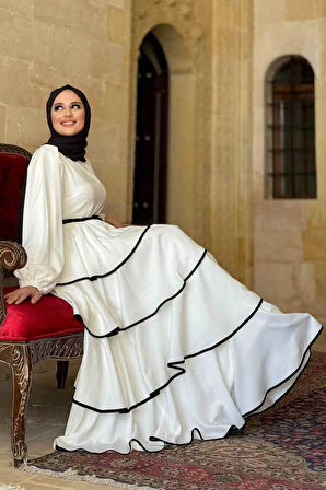 Bel Kuşaklı Kat Detay Elbise 6029 Ekru