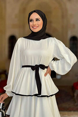 Bel Kuşaklı Kat Detay Elbise 6029 Ekru