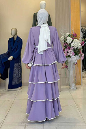 Bel Kuşaklı Kat Detay Elbise 6029 Lila