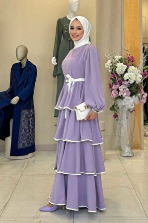 Bel Kuşaklı Kat Detay Elbise 6029 Lila