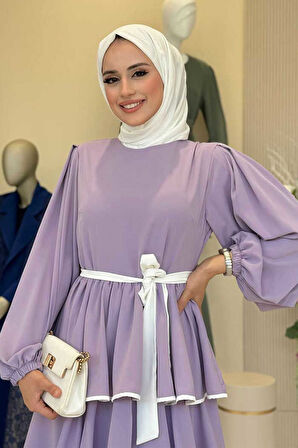 Bel Kuşaklı Kat Detay Elbise 6029 Lila