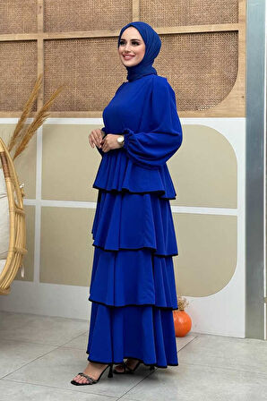 Bel Kuşaklı Kat Detay Elbise 6029 Saks