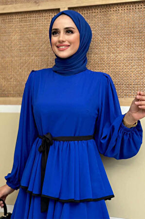 Bel Kuşaklı Kat Detay Elbise 6029 Saks