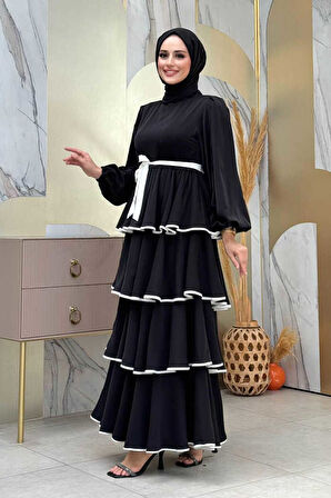 Bel Kuşaklı Kat Detay Elbise 6029 Siyah
