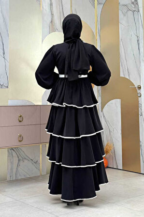 Bel Kuşaklı Kat Detay Elbise 6029 Siyah