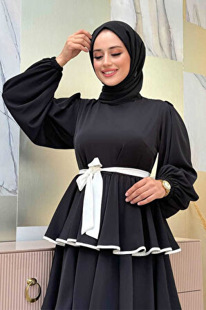 Bel Kuşaklı Kat Detay Elbise 6029 Siyah