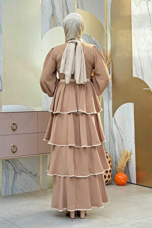 Bel Kuşaklı Kat Detay Elbise 6029 Vizon