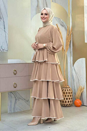 Bel Kuşaklı Kat Detay Elbise 6029 Vizon