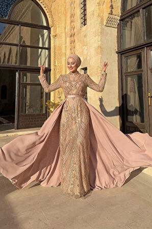 Kuyruk Detay Taş İşlemeli Abiye Elbise 7025 Gold