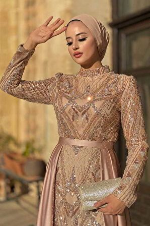 Kuyruk Detay Taş İşlemeli Abiye Elbise 7025 Gold