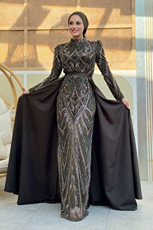 Kuyruk Detay Taş İşlemeli Abiye Elbise 7025 Haki