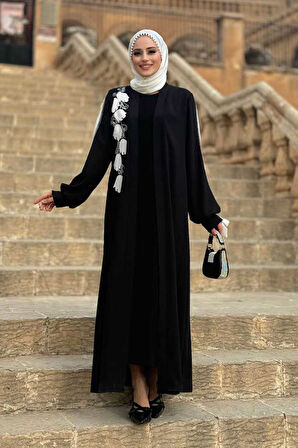 Çiçek İşleme Detay Abaya 3914 Siyah