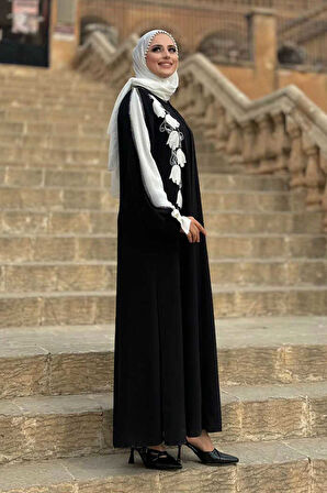 Çiçek İşleme Detay Abaya 3914 Siyah