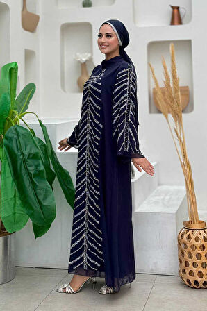 Taş Detaylı Abiye Elbise 3915 Lacivert