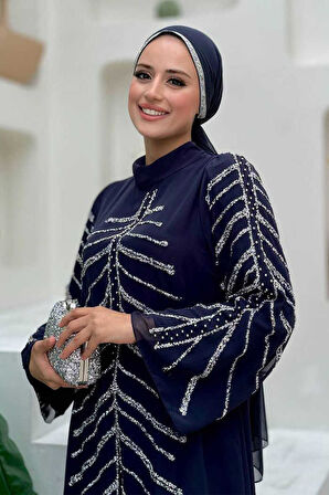 Taş Detaylı Abiye Elbise 3915 Lacivert