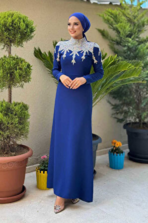 Taş Detaylı Abiye Elbise 3916 Lacivert