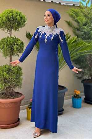 Taş Detaylı Abiye Elbise 3916 Lacivert