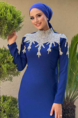 Taş Detaylı Abiye Elbise 3916 Lacivert