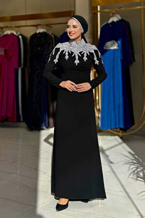 Taş Detaylı Abiye Elbise 3916 Siyah