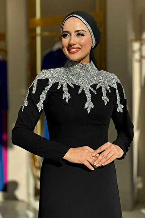 Taş Detaylı Abiye Elbise 3916 Siyah