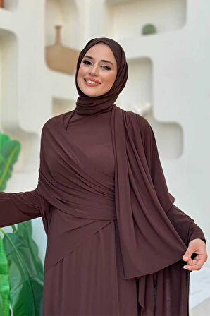 Şallı Drape Detaylı Sandy Elbise 3922 Kahverengi