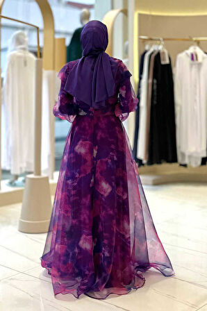 Kendinden Desenli Renkli Tül Abiye 7047 Fuşya