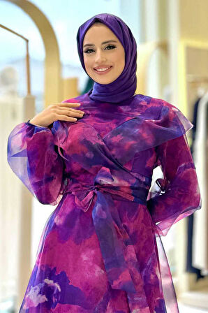 Kendinden Desenli Renkli Tül Abiye 7047 Fuşya