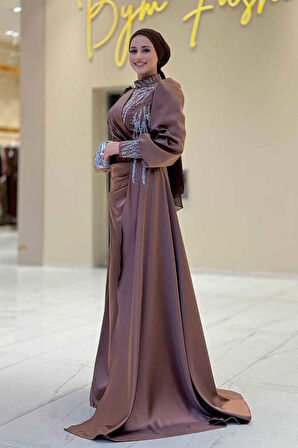 Bym Fashion Taşlı Kuyruk Detay Abiye Elbise 7044 Kahverengi