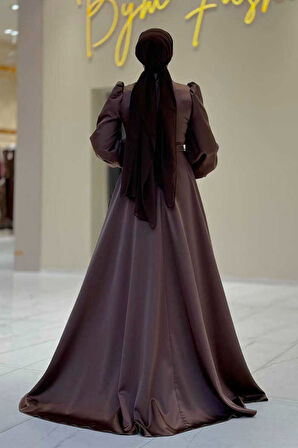 Bym Fashion Taşlı Kuyruk Detay Abiye Elbise 7044 Kahverengi