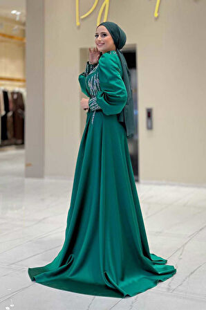 Taşlı Kuyruk Detay Abiye Elbise 7044 Zümrüt