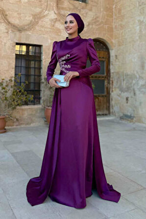 Taş Detaylı Saten Abiye 7027 Mürdüm