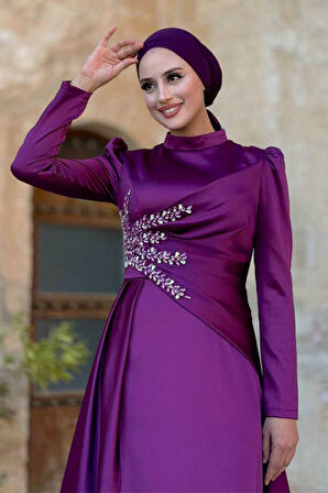 Taş Detaylı Saten Abiye 7027 Mürdüm