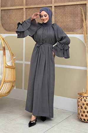 Kol Fırfır Detaylı Elbise 3925 Füme