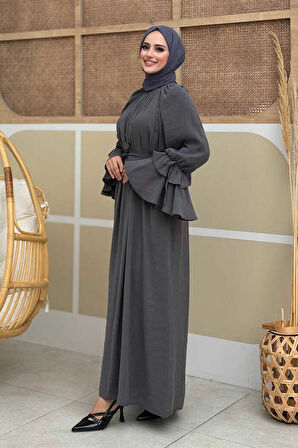 Kol Fırfır Detaylı Elbise 3925 Füme