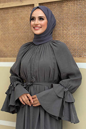 Kol Fırfır Detaylı Elbise 3925 Füme