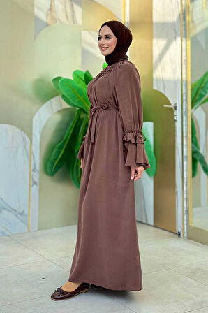 Kol Fırfır Detaylı Elbise 3925 Kahverengi