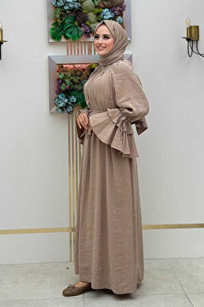 Kol Fırfır Detaylı Elbise 3925 Vizon