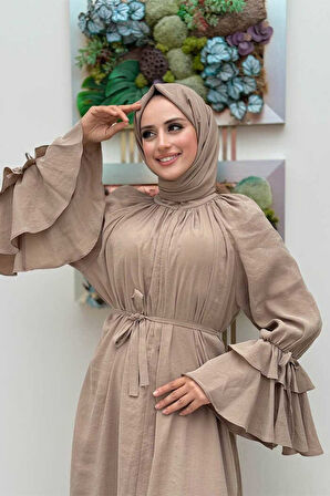 Kol Fırfır Detaylı Elbise 3925 Vizon