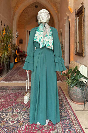 Kol Fırfır Detaylı Elbise 3925 Zümrüt